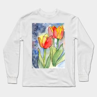 Colorful Tulips Watercolor and Ink Long Sleeve T-Shirt